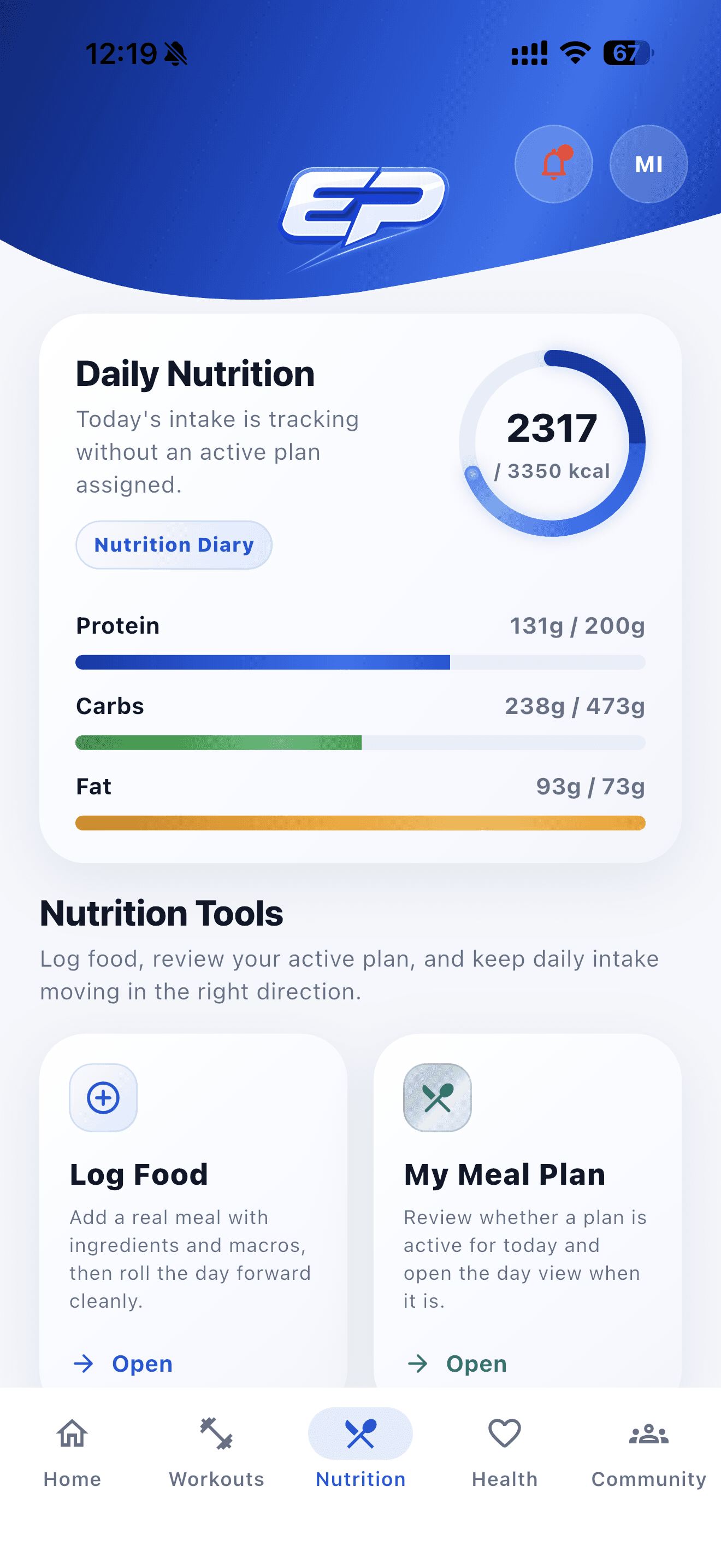 Elite Pocket PT nutrition dashboard